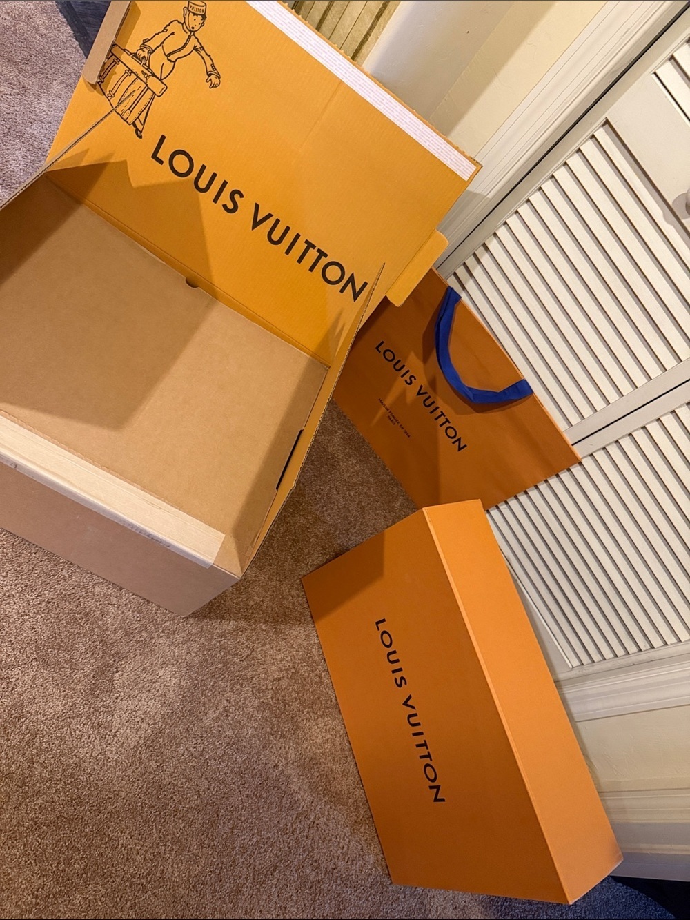 Louis Vuitton Orange Gift Bag with Blue Ribbon Handle and Box Set.